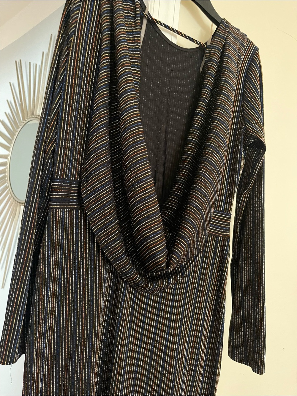 Black Metallic Stripe Drape Front Maxy Dress